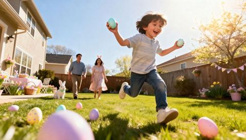 Boy running through sunny backyard holding pastel eggs during family easter egg hunt, smiling