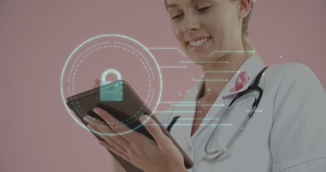 Image of digital interface online security padlock over smiling female doctor using digital tablet. Global technology data security finance business concept digitally generated image.