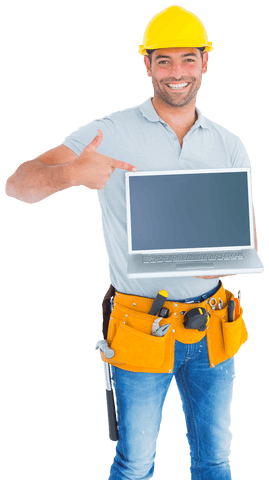 Smiling Handyman Presenting Laptop on Transparent Background - Download Free Stock Videos Pikwizard.com