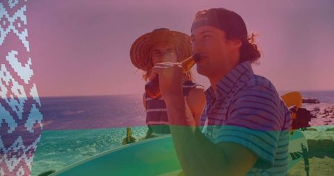 Friends Relaxing with Beers and Surfboards on a Rocky Beach