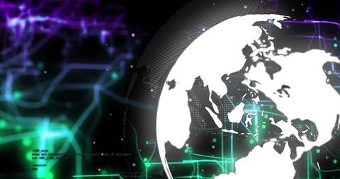 Halftone globe with neon circuit traces representing global data network and digital connectivity