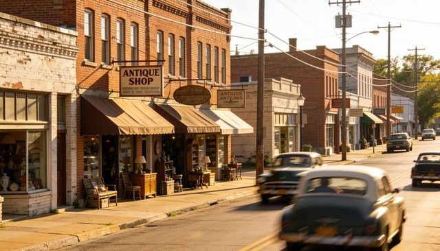 Small-town antique shop storefronts lining sunlit main street with vintage cars passing