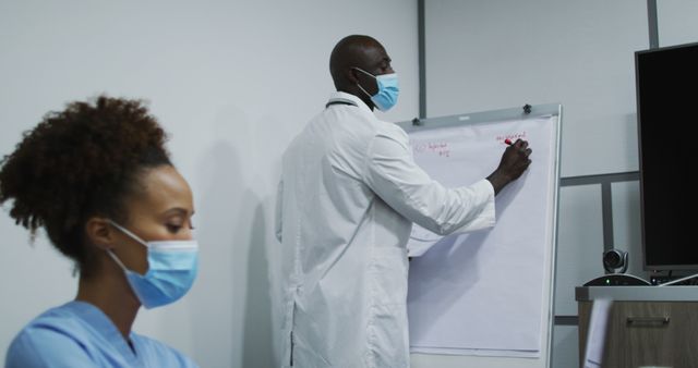 Healthcare professionals are collaborating in a medical setting with focus on teamwork and safety. A doctor is writing on a whiteboard while a nurse pays attention, both wearing masks. Useful for illustrating medical meetings, discussions on healthcare planning, safety during pandemics, and professional teamwork within clinics or hospitals.