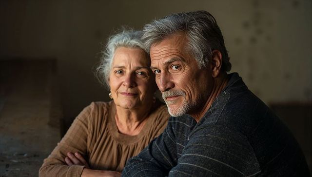 Senior couple sharing quiet moment, intimate portrait of older partners with warm sidelight