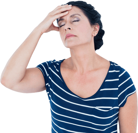 Transparent Woman Holding Head in Thoughtful Expression