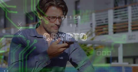 Man Using Smartphone with Crypto Graphics on Outdoor Terrace