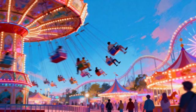 Soaring swing carousel lighting dusk carnival with roller coaster and neon lights