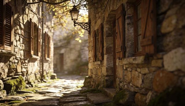 Sunlit cobblestone alley in historic stone village with moss-covered path and lantern