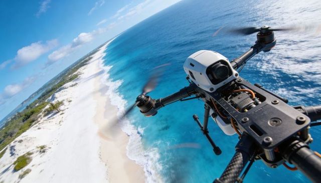 Quadcopter capturing turquoise coastal aerial footage over white sand beach with gimbal