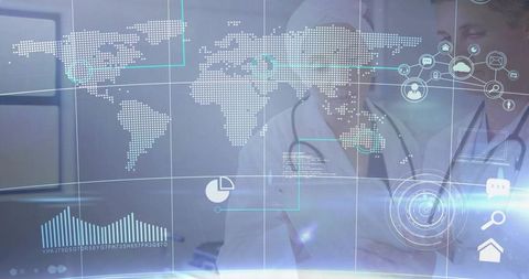 Medical Team Analyzing Global Health Analytics on Futuristic Holographic Dashboard HUD