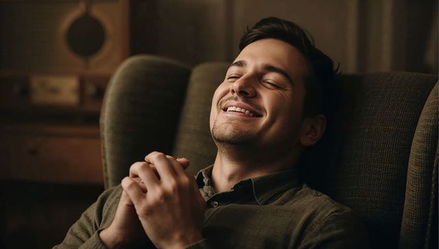 Young man reclining in cozy armchair smiling with hands clasped enjoying calm evening