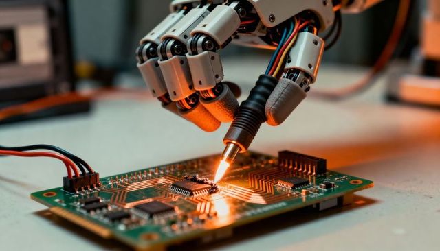Robotic manipulator soldering pcb microchip with glowing iron tip for precision electronics