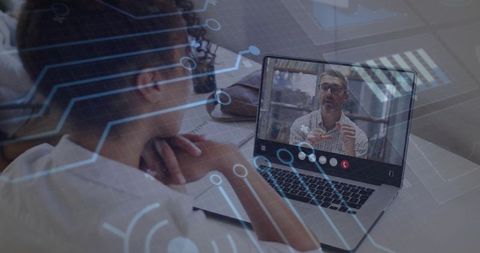 Watching Remote Presentation on Laptop with Digital Network Overlay and Call Icons