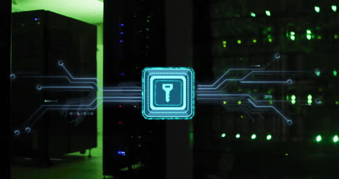 Futuristic Key and Digital Connections Over Server Room