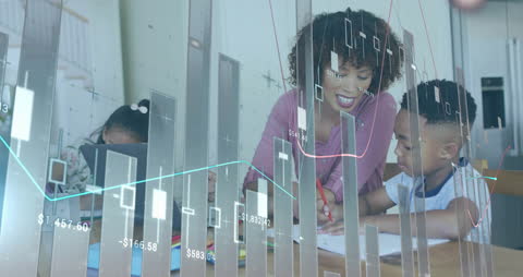 Mother Children Studying Amid Financial Data Visualization