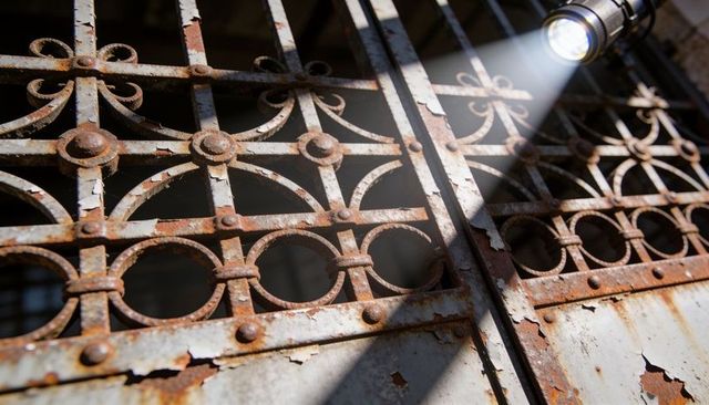Rusted ornate iron gate corroding with peeling paint and flashlight highlighting texture