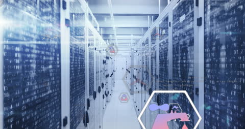 Futuristic Data Center with Binary Codes and Icons Overlay