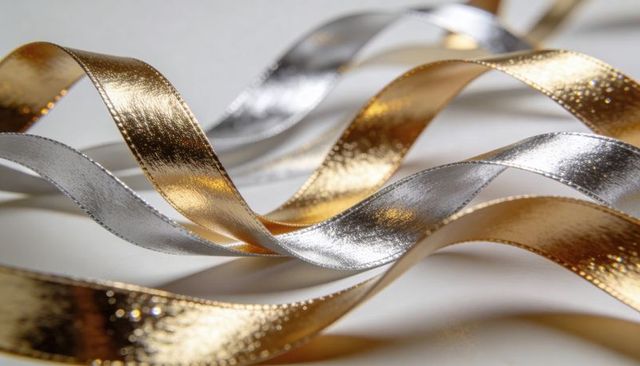 Shimmering gold and silver ribbons curling in elegant loops with soft bokeh highlights