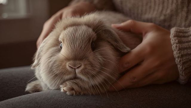 Cozy lop-eared rabbit being cradled on lap with warm hands and knit sweater