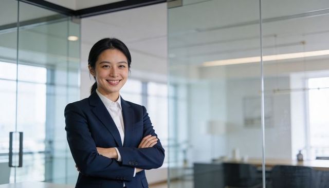 Confident asian businesswoman standing in glass office smiling with arms crossed wearing navy suit