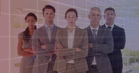 Corporate leadership team standing with arms crossed and financial data overlay