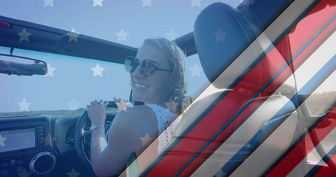 Smiling Woman Driving at Beach with USA Flag Overlay