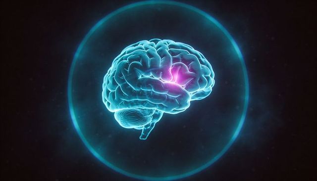 Glowing cyan brain hologram with magenta activation hotspot representing neural activity