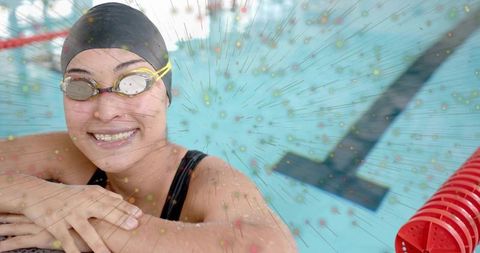 Joyful Swimmer Taking Break in Vibrant Pool