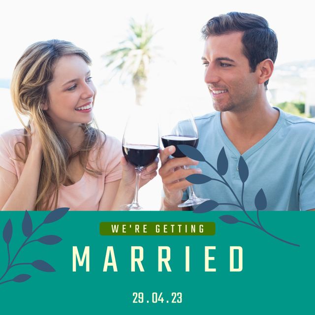 This image captures a happy couple toasting with wine to celebrate their upcoming marriage. The cheerful expressions and relaxed outdoor ambiance suggest joy and anticipation. This can be used in wedding invitations, engagement announcements, or social media posts about relationship milestones.