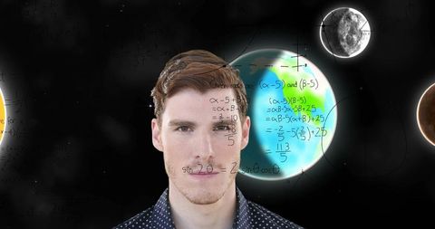 Businessman Visualizing Mathematical Concepts and Planets