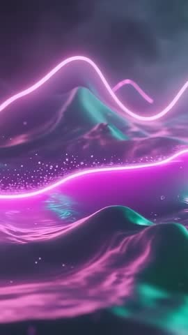 Neon sine wave gliding over pink-teal liquid waves, emitting particles
