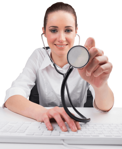 Businesswoman holding stethoscope with transparent background