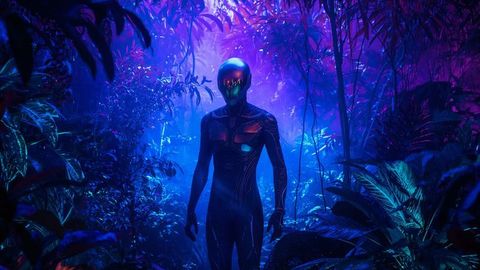 Futuristic Android Exploring Neon Jungle Environment