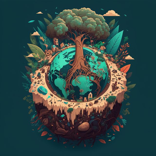 Big tree and plants overgrowing globe on dark background, created using generative ai technology. Earth day and ecology concept digitally generated image.
