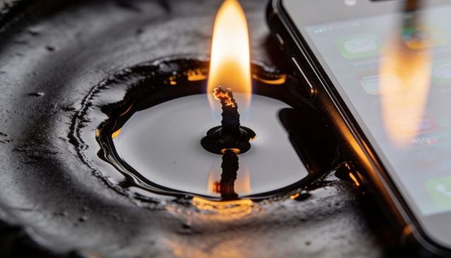 Burning wick beside smartphone with melted wax rings and flame reflection, danger concept