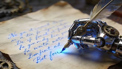 Steampunk robotic hand writing with feather quill glowing blue ink on aged parchment