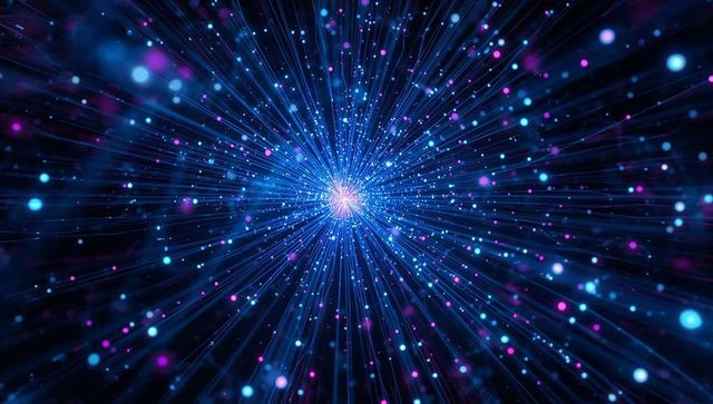 Radiating neon particle burst with radial light streaks and bokeh orbs in cosmic void