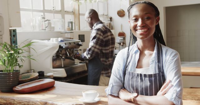 Smiling Female Barista Standing in Cozy Coffee Shop - Download Free Stock Images Pikwizard.com