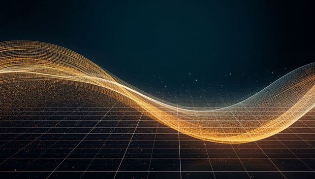 Sweeping Wireframe Wave Crossing Grid Plane With Golden Particles Neon Nodes Futuristic Visualizatio