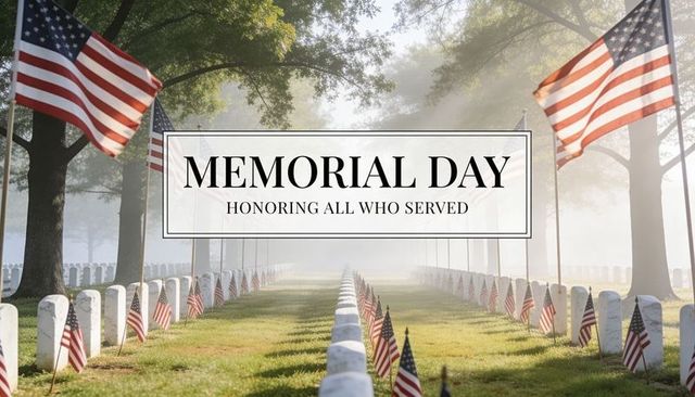 Memorial day morning military cemetery honoring service and sacrifice with us flags