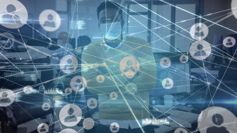 Businessman with Face Mask and Global Digital Connections