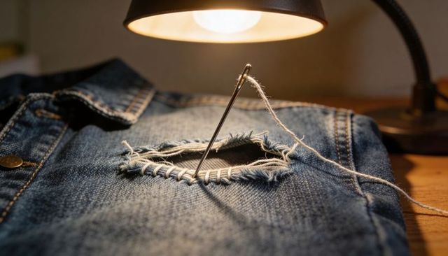Mending frayed denim jacket with white thread and needle under warm lamp light