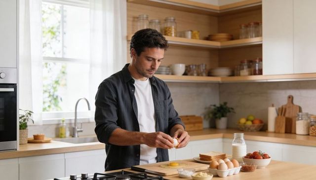 Man cracking egg on wooden kitchen island preparing breakfast in sunlit modern kitchen