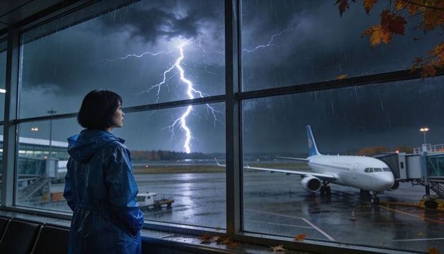 Traveler in blue raincoat watching lightning strike at airport gate during stormy autumn