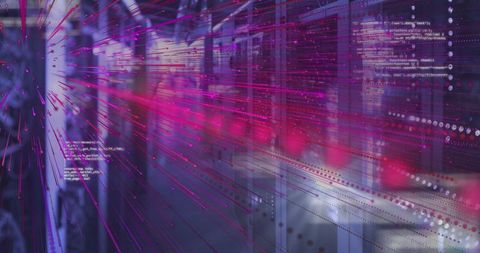 Futuristic data center with streaming light streaks downs aisle