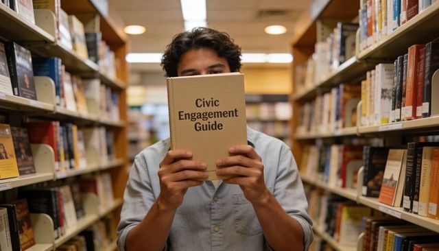 Hispanic young man reading civic engagement guide in library aisle studying community participation