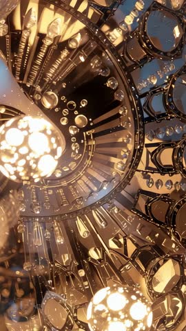 Vertical video sweeping rotating crystal chandelier prisms, luxury foyer illumination