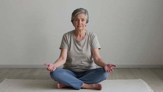 Senior woman practicing seated meditation in neutral room for calm mindfulness