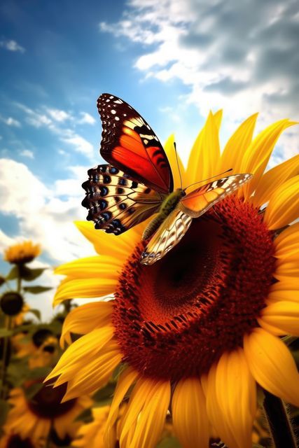 Captivating butterfly landing on a large sunflower head in a blooming field under a partly cloudy sky. Suitable for nature-themed designs, gardening materials, environmental campaigns, or seasonal advertisements that emphasize beauty and vibrancy of nature.