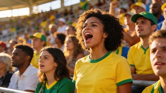 Cheering soccer fan wearing yellow and green jersey in energetic stadium crowd
